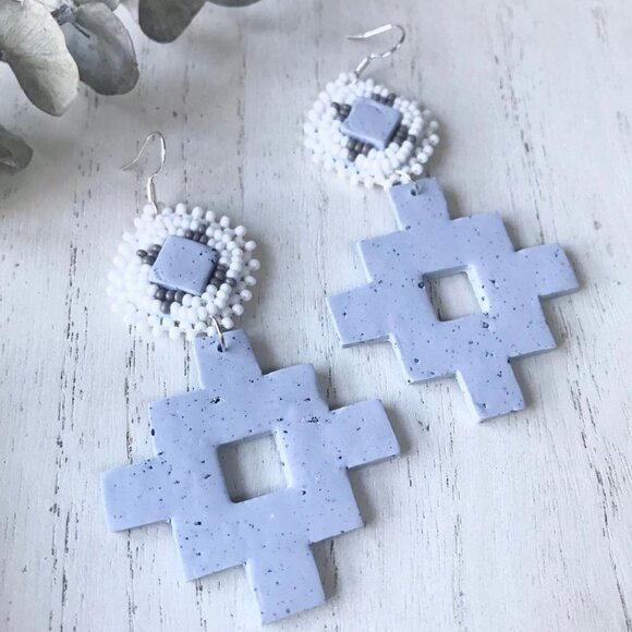 Indigenous Made Beaded Earrings - Deer Hide, Polymer Clay, Glass Beads - Picture 1 of 2